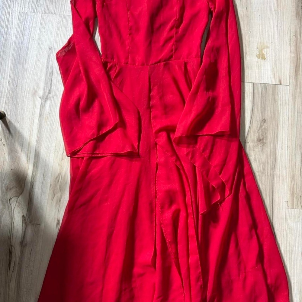 Vintage Red Silk Long Sleeve Tie Back Maxi Dress Red